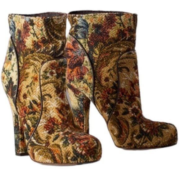 Dolce & Gabbana floral tapestry  jacquard yellow red heeled ankle boots 37 - Picture 1 of 16
